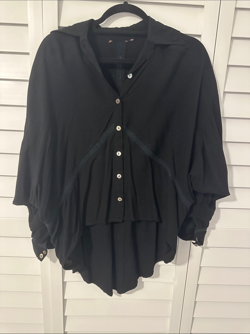 Black Button-Front Draped Shirt with Subtle Stitch Detail